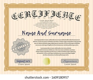 Orange Sample certificate or diploma. With great quality guilloche pattern. Good design. Customizable, Easy to edit and change colors. 