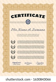 Orange Sample certificate or diploma. With great quality guilloche pattern. Vector illustration. Modern design. 