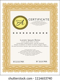 Orange Sample certificate or diploma. With guilloche pattern. Detailed. Elegant design. 