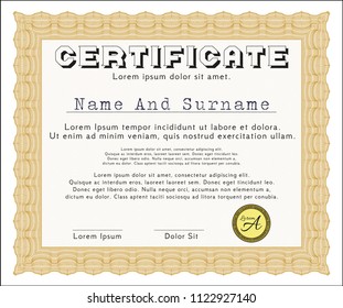 Orange Sample certificate or diploma. With guilloche pattern. Superior design. Vector illustration. 