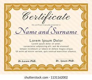 Orange Sample certificate or diploma. With guilloche pattern and background. Customizable, Easy to edit and change colors. Perfect design. 