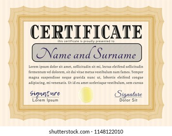 Orange Sample certificate or diploma. With guilloche pattern. Retro design. Customizable, Easy to edit and change colors. 