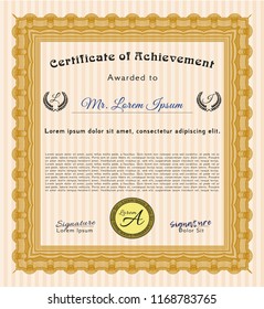 Orange Sample certificate or diploma. With guilloche pattern and background. Vector illustration. Beauty design. 