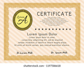 Orange Sample certificate or diploma. With guilloche pattern and background. Money Pattern design. Detailed. 