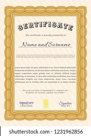 Orange Sample certificate or diploma. With guilloche pattern and background. Elegant design. Detailed. 
