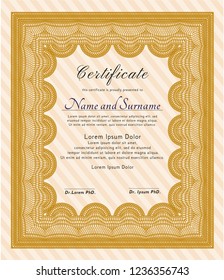 Orange Sample certificate or diploma. With guilloche pattern. Vector illustration. Good design. 