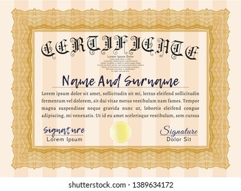 Orange Sample certificate or diploma. With guilloche pattern. Vector illustration. Elegant design. 