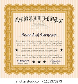 Orange Sample certificate or diploma. With linear background. Vector illustration. Superior design. 