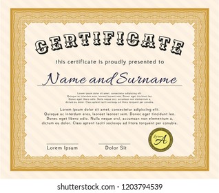 Orange Sample certificate or diploma. With linear background. Money design. Vector illustration. 
