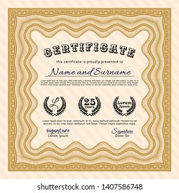 Orange Sample certificate or diploma. With linear background. Vector illustration. Elegant design. 