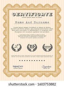 Orange Sample certificate or diploma. With linear background. Vector illustration. Money Pattern design. 