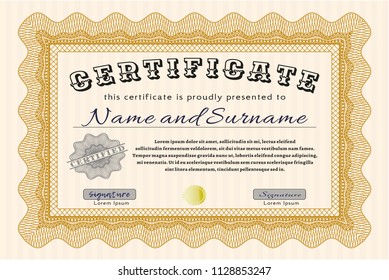 Orange Sample certificate or diploma. Lovely design. Complex background. Customizable, Easy to edit and change colors. 