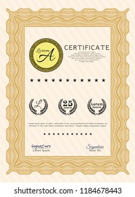 Orange Sample certificate or diploma. Modern design. Vector illustration. With complex background. 