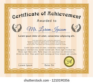 Orange Sample certificate or diploma. Modern design. Detailed. With complex linear background. 