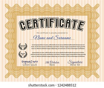 Orange Sample certificate or diploma. Modern design. Detailed. With great quality guilloche pattern. 