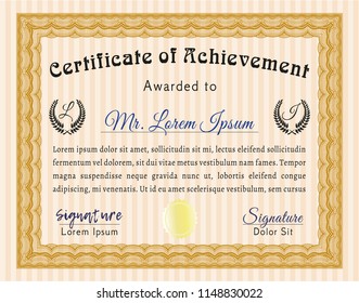 Orange Sample certificate or diploma. Money style design. Vector illustration. With complex background. 