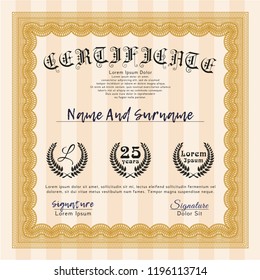 Orange Sample certificate or diploma. Money Pattern. Vector illustration. Easy to print. 