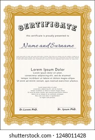 Orange Sample certificate or diploma. Money Pattern design. With complex linear background. Vector illustration. 