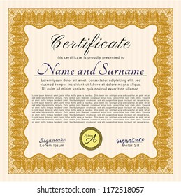Orange Sample certificate or diploma. Nice design. Vector illustration. With background. 