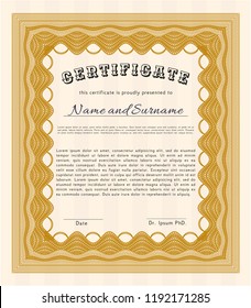 Orange Sample certificate or diploma. Perfect design. With linear background. Detailed. 