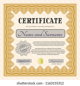 Orange Sample certificate or diploma. Printer friendly. Vector illustration. Money Pattern design. 