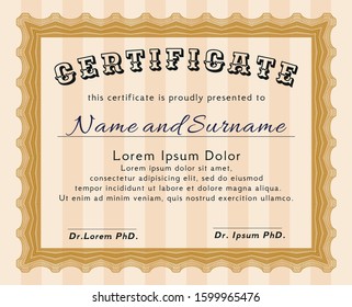 Orange Sample certificate or diploma. Printer friendly. Money style design. Vector illustration. 