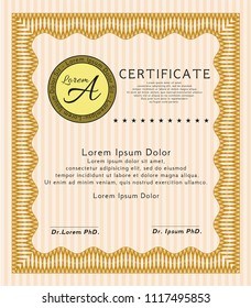 Orange Sample certificate or diploma. With quality background. Beauty design. Vector illustration. 