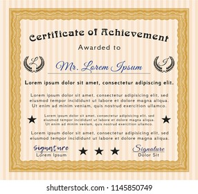 Orange Sample certificate or diploma. With quality background. Money Pattern design. Vector illustration. 