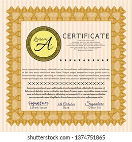 Orange Sample certificate or diploma. Retro design. With guilloche pattern. Vector illustration. 