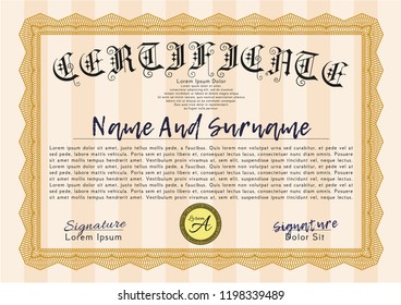 Orange Sample certificate or diploma. Sophisticated design. Vector illustration. Printer friendly. 