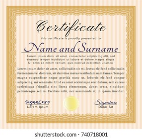Orange Sample certificate or diploma. Sophisticated design. Customizable, Easy to edit and change colors. With guilloche pattern and background. 