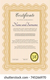 Orange Sample certificate or diploma. Sophisticated design. With great quality guilloche pattern. Vector illustration. 