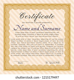 Orange Sample certificate or diploma. Superior design. Detailed. With complex linear background. 