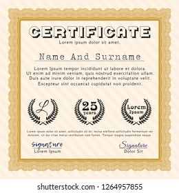 Orange Sample certificate or diploma. Superior design. With linear background. Detailed. 
