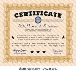 Orange Sample certificate or diploma. Superior design. Detailed. With great quality guilloche pattern. 