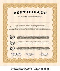 Orange Sample certificate or diploma. Superior design. With complex linear background. Vector illustration. 