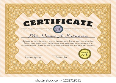 Orange Sample Certificate. Excellent design. With complex linear background. Vector illustration. 