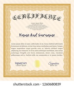 Orange Sample Certificate. Excellent design. With quality background. Vector illustration. 