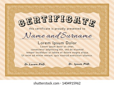 Orange Sample Certificate. Good design. Printer friendly. Vector illustration. 