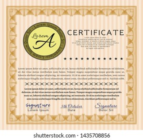 Orange Sample Certificate. Good design. Vector illustration. Easy to print. 