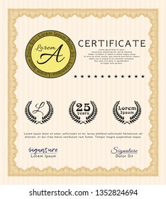 Orange Sample Certificate. With great quality guilloche pattern. Perfect design. Detailed. 