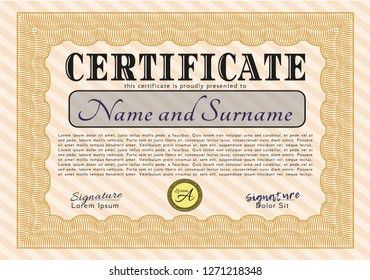 Orange Sample Certificate. With guilloche pattern. Customizable, Easy to edit and change colors. Lovely design. 
