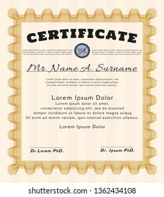 Orange Sample Certificate. With guilloche pattern and background. Detailed. Beauty design. 