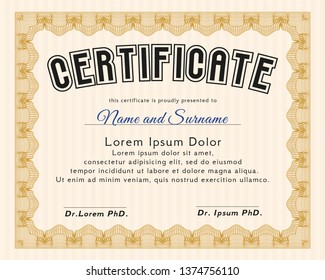 Orange Sample Certificate. With guilloche pattern and background. Customizable, Easy to edit and change colors. Lovely design. 
