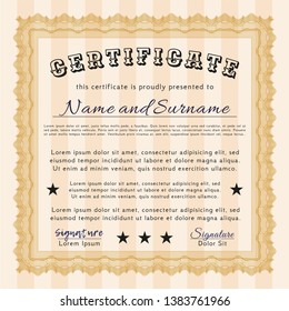 Orange Sample Certificate. With guilloche pattern and background. Customizable, Easy to edit and change colors. Money Pattern design. 