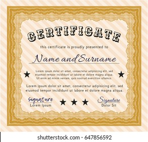 Orange Sample Certificate. With guilloche pattern and background. Vector illustration. Nice design. 