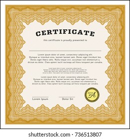 Orange Sample Certificate. With guilloche pattern. Vector illustration. Excellent design. 