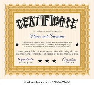 Orange Sample Certificate. With linear background. Lovely design. Vector illustration. 