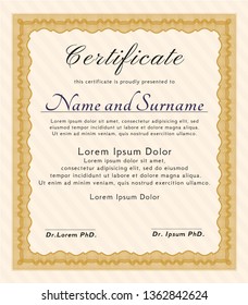 Orange Sample Certificate. Lovely design. Detailed. With linear background. 