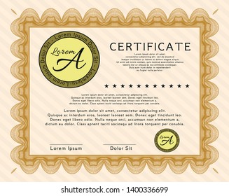 Orange Sample Certificate. Lovely design. Detailed. With complex linear background. 